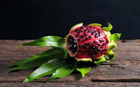 Dragon fruit on old wooden table with black background, Tropical fruit.の素材