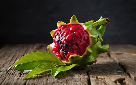 Dragon fruit on wooden background, close up. Tropical fruit concept.の素材