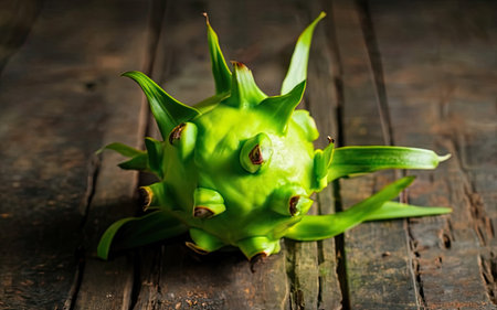 Dragon fruit on wooden background. Tropical fruit. Green pitahaya.の素材