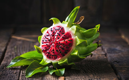 Dragon fruit on wooden background. Healthy food concept. Selective focus.の素材