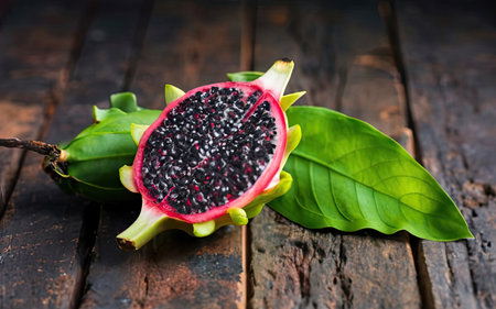 Pitahaya or dragon fruit on wooden background, Thailand.の素材