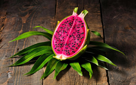 Dragon fruit on wooden background. Tropical fruit. Healthy food concept.の素材