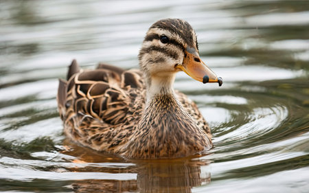 Female mallard duck swimming in a lake, closeup of photoの素材