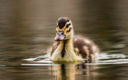 Duckling swimming in the water with a blurred background and reflectionの素材