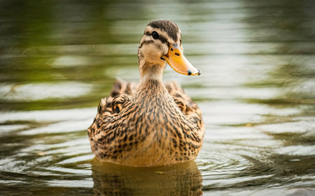 Female mallard duck on the water. Shallow depth of field.の素材