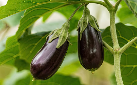 Eggplant or aubergine growing on the tree in gardenの素材