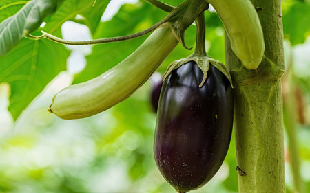 Eggplant growing on the tree in the garden, stock photoの素材