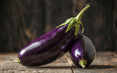 Purple eggplants on rustic wooden background with copy spaceの素材