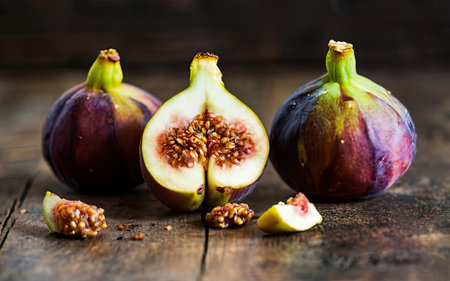 Fresh figs on rustic wooden background. Selective focus.の素材