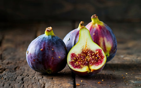 Fresh figs on wooden table. Dark rustic style. Copy space.の素材