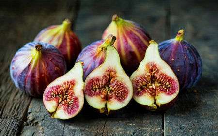 Ripe figs on a dark wooden background. Selective focus.の素材
