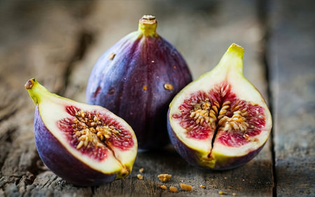 Ripe figs on rustic wooden background. Selective focusの素材