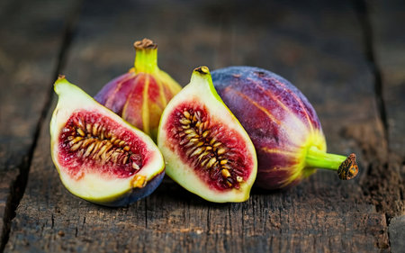 Fresh figs on rustic wooden background, selective focus, copy spaceの素材