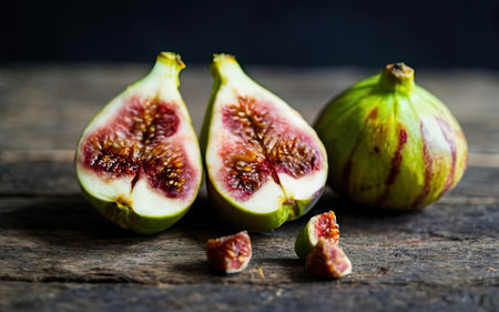 Fresh figs on wooden table. Selective focus. Toned.の素材