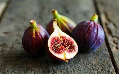 Fresh figs on rustic wooden background. Healthy food concept.の素材