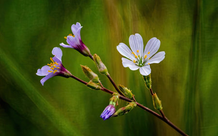 Beautiful purple flowers in the meadow on green background, macroの素材
