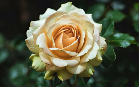 Beautiful yellow rose on a background of green leaves close-upの素材