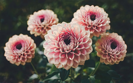 Beautiful pink dahlia flowers in the garden. Vintage tone.の素材