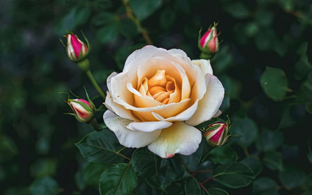 White rose with pink buds on a background of green leaves in the gardenの素材
