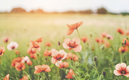 Field of poppies with filter effect retro vintage style, soft focusの素材