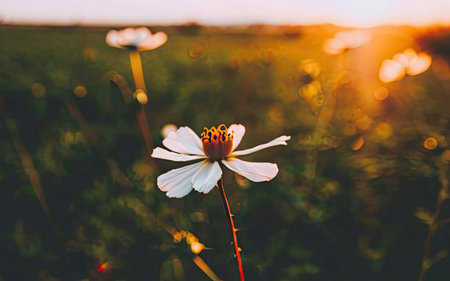 Beautiful cosmos flower in the field at sunset. Soft focus.の素材