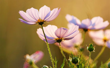 Cosmos flowers blooming in the garden with soft focus background.の素材