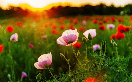 Beautiful poppies in the field at sunset. Soft focusの素材