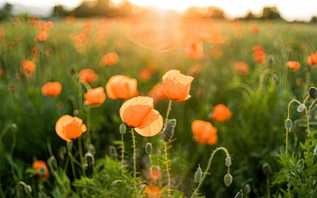 Field of poppies at sunset. Soft focus, shallow DOF.の素材