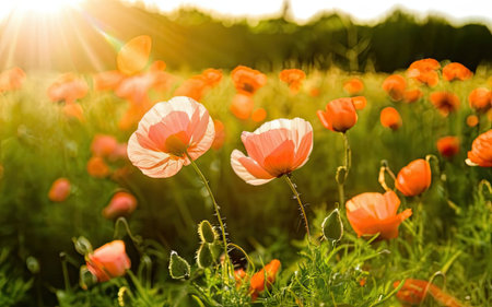 Poppies in a field at sunset. Beautiful spring landscape.の素材