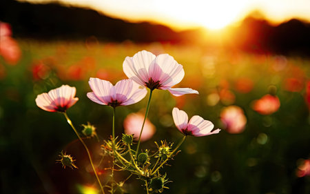 Cosmos flowers in the field at sunset. Soft focus, shallow DOF.の素材