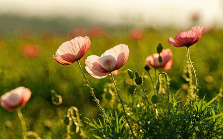 poppy flowers on the meadow in the light of the setting sunの素材