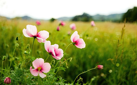 Pink cosmos flower in the meadow with mountain background, selective focusの素材