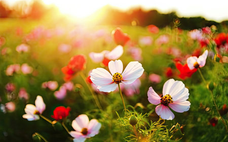 Beautiful cosmos flowers in the field at sunset. Nature background.の素材