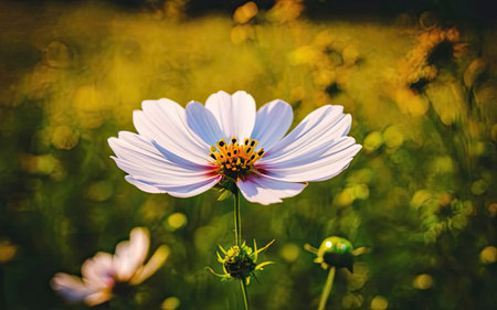 Beautiful white cosmos flower in the meadow. Nature background.の素材