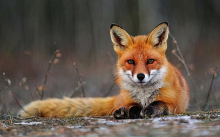 Red fox (Vulpes vulpes) lying on the ground in the forestの素材