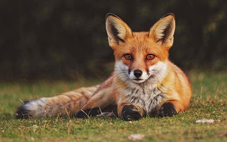 Red fox (Vulpes vulpes) lying on the grassの素材