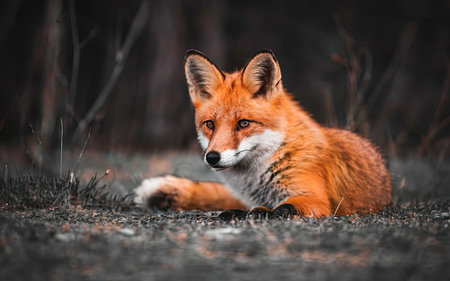 Red fox (Vulpes vulpes) lying on the groundの素材