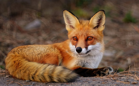 Red fox (Vulpes vulpes) lying on the groundの素材