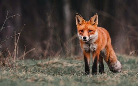 Red fox, Vulpes vulpes, standing in the forest.の素材