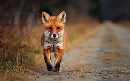 Red fox (Vulpes vulpes) running on the roadの素材