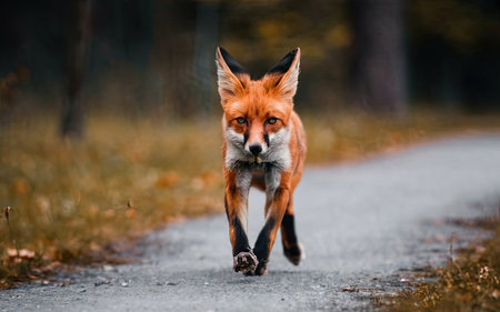 Red fox running on the road in autumn forest. Portrait of a wild animal.の素材