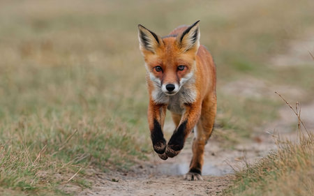 Red fox, Vulpes vulpes, running on a dirt roadの素材