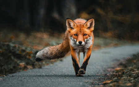 Red fox running on the road in the forest. Wildlife scene from nature.の素材