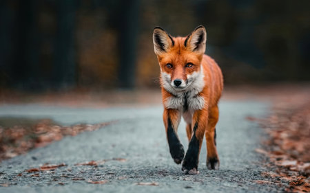 Red fox running on the road in the forest. Wildlife scene from nature.の素材
