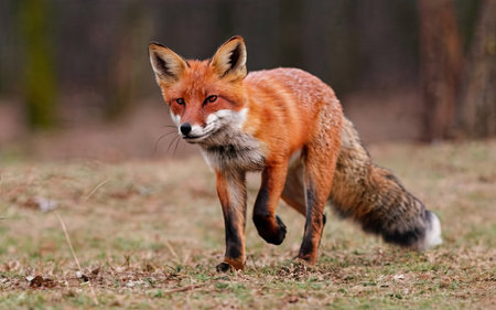 Red fox (Vulpes vulpes) running in the forestの素材