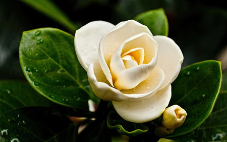 Close up of white jasmine flower with green leaf background.の素材