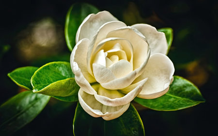 White camellia flower on dark background, close-up.の素材