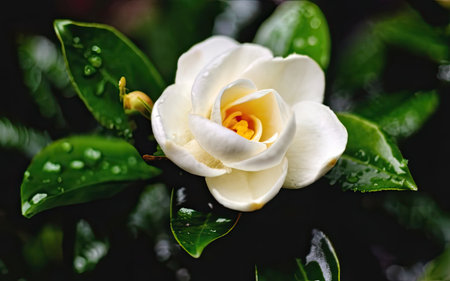 Beautiful white camellia flower with water drops on it.の素材