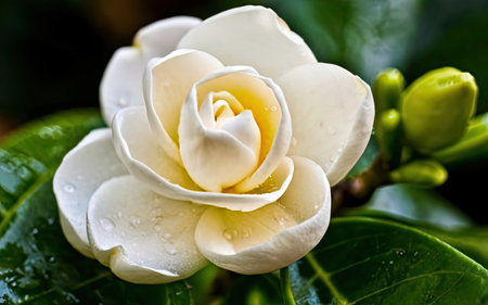 Close-up of white jasmine flower with water dropletsの素材