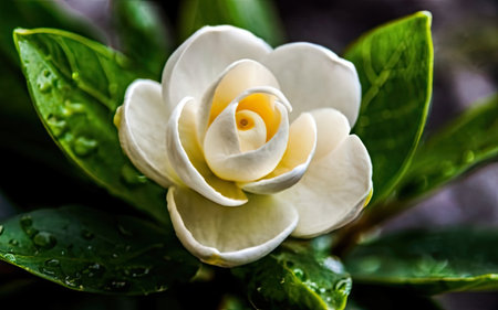 White camellia flower with water droplets on its petalsの素材